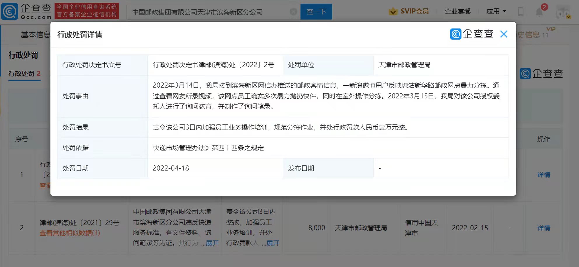 天津邮政一网点因暴力分拣快递被罚1万元