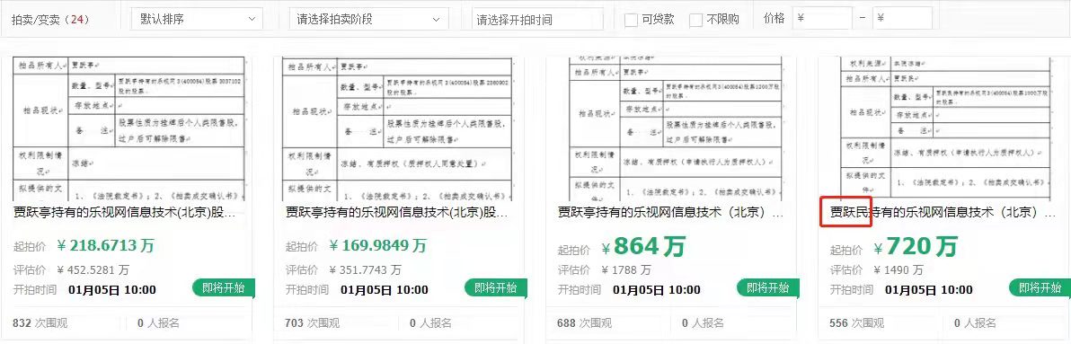 贾跃亭所持1739.8万股乐视网股票将进行网拍
