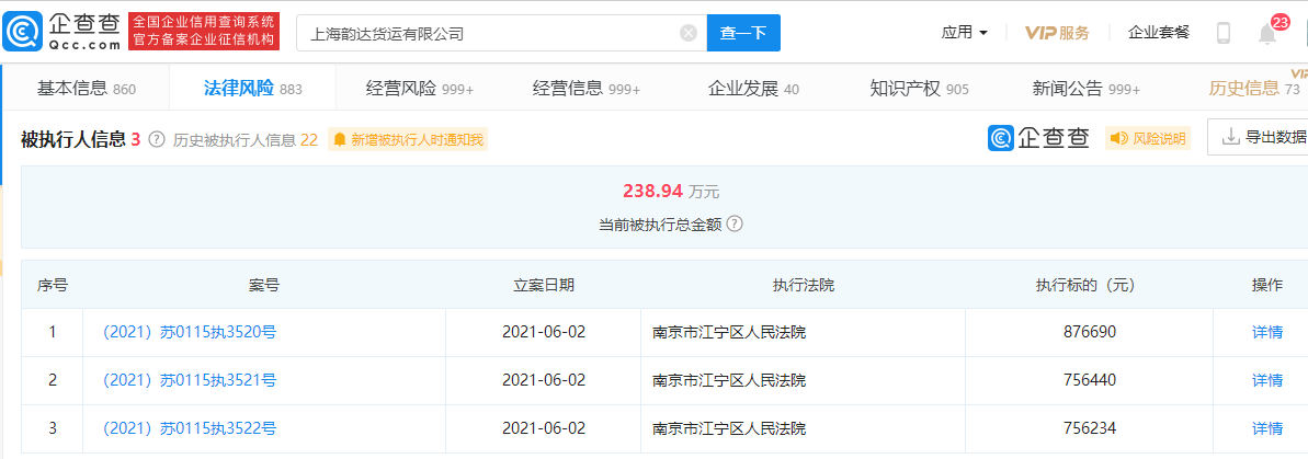 上海韵达货运有限公司被强制执行约239万元